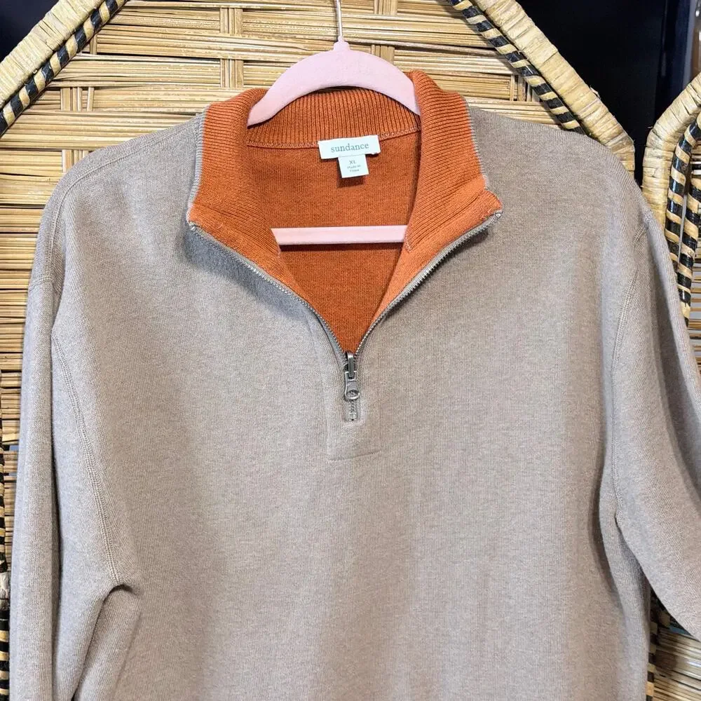 Sundance reversible 100% cotton quarter zip sweater orange tan XL light academia